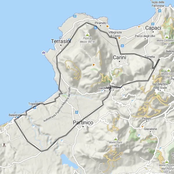 Map miniature of "Road Cycling Tour: Torretta to Carini" cycling inspiration in Sicilia, Italy. Generated by Tarmacs.app cycling route planner