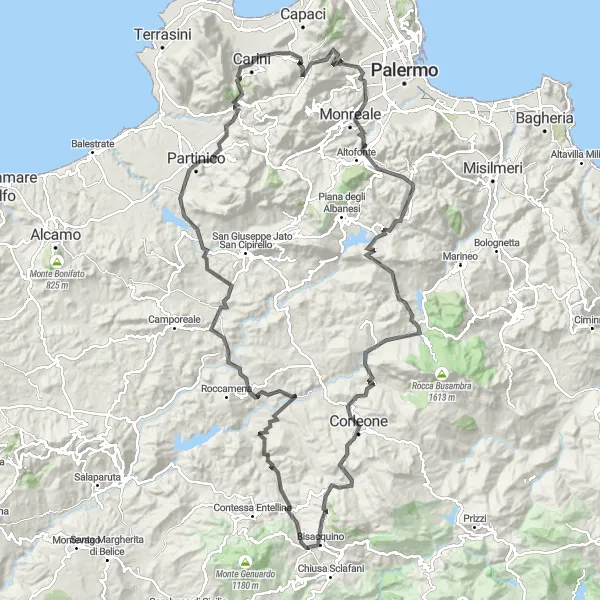 Map miniature of "Strada Epica: Torretta to Carini" cycling inspiration in Sicilia, Italy. Generated by Tarmacs.app cycling route planner