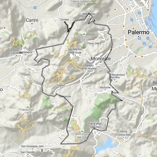 Map miniature of "Scenic Ride: Torretta to Piana degli Albanesi" cycling inspiration in Sicilia, Italy. Generated by Tarmacs.app cycling route planner