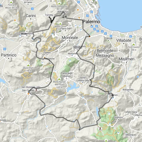 Map miniature of "Road Cycling Adventure to Historical Sites" cycling inspiration in Sicilia, Italy. Generated by Tarmacs.app cycling route planner