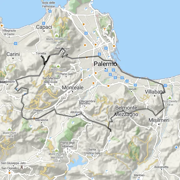Map miniature of "Scenic Road Cycling Route through Charming Villages" cycling inspiration in Sicilia, Italy. Generated by Tarmacs.app cycling route planner