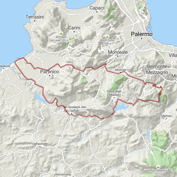 Miniatura della mappa di ispirazione al ciclismo "Avventura Gravel da Partinico a Trappeto" nella regione di Sicilia, Italy. Generata da Tarmacs.app, pianificatore di rotte ciclistiche