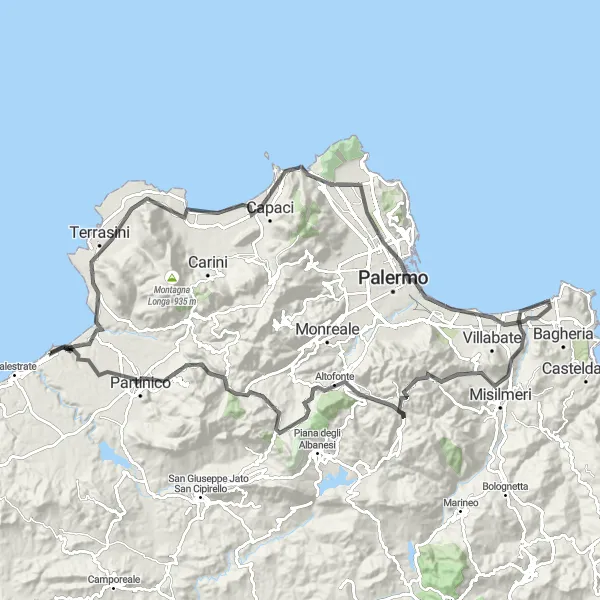 Map miniature of "Cinisi and Beyond" cycling inspiration in Sicilia, Italy. Generated by Tarmacs.app cycling route planner