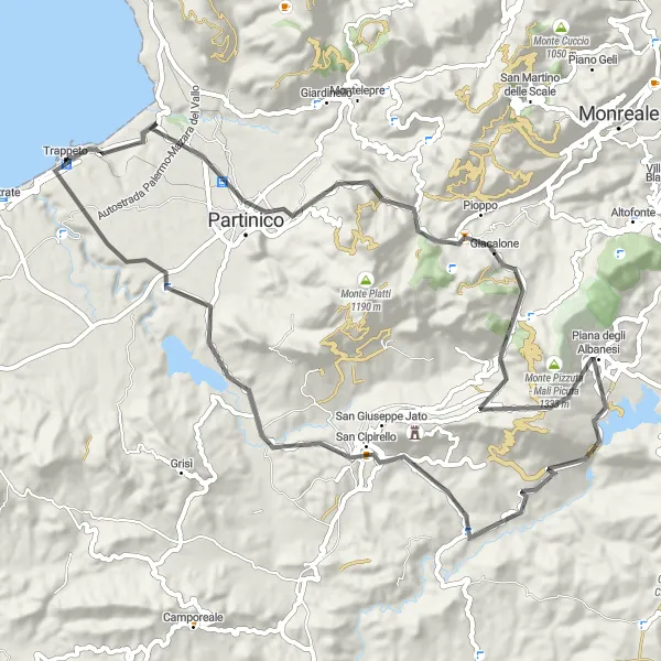 Map miniature of "Trappeto Loop via Partinico and Monte Pelavet" cycling inspiration in Sicilia, Italy. Generated by Tarmacs.app cycling route planner
