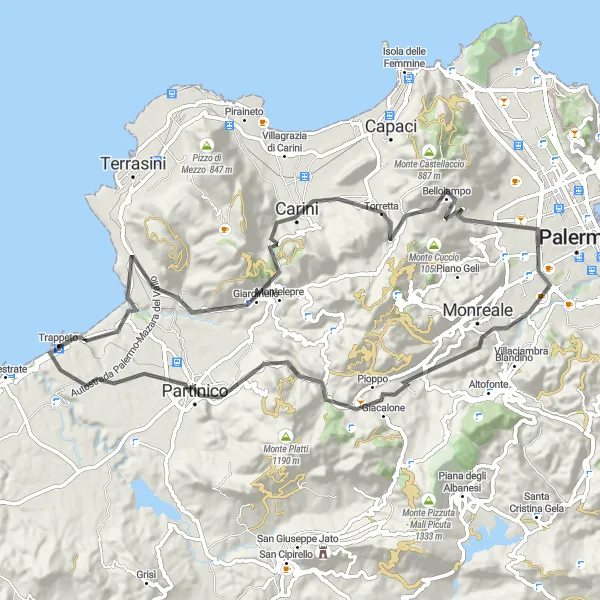 Miniatura della mappa di ispirazione al ciclismo "Giro panoramico da Giardinello a Trappeto" nella regione di Sicilia, Italy. Generata da Tarmacs.app, pianificatore di rotte ciclistiche