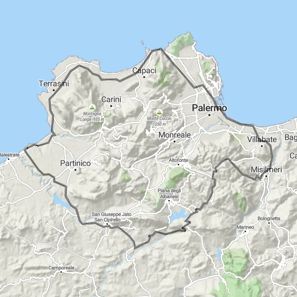 Miniatura della mappa di ispirazione al ciclismo "Esplorazione costiera da Terrasini a Trappeto" nella regione di Sicilia, Italy. Generata da Tarmacs.app, pianificatore di rotte ciclistiche