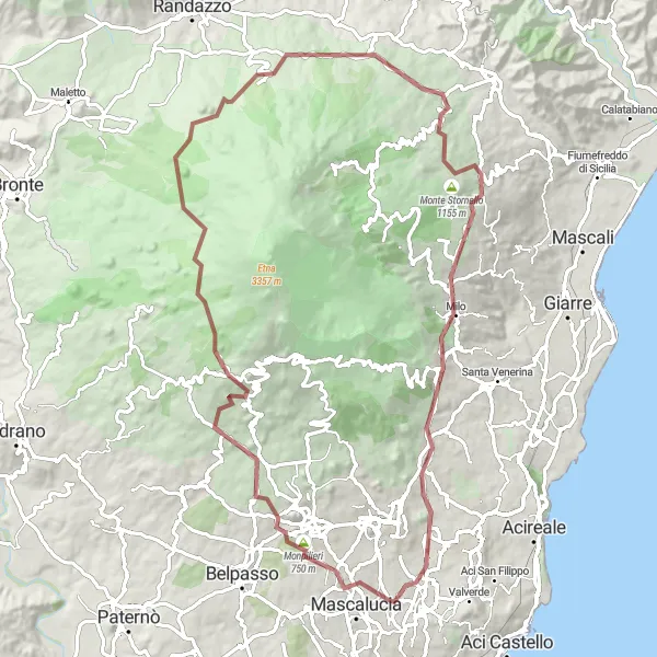 Miniatura della mappa di ispirazione al ciclismo "Alla scoperta dei Monti dell'Etna" nella regione di Sicilia, Italy. Generata da Tarmacs.app, pianificatore di rotte ciclistiche