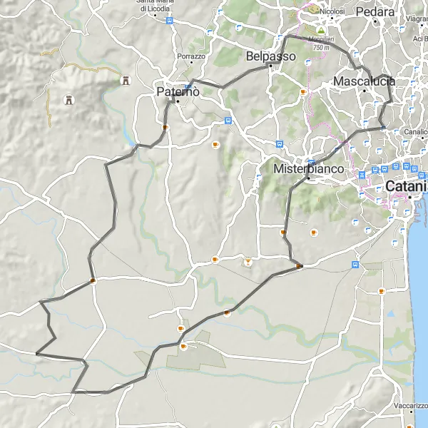 Miniatura della mappa di ispirazione al ciclismo "Giro in bicicletta verso Castello Normanno" nella regione di Sicilia, Italy. Generata da Tarmacs.app, pianificatore di rotte ciclistiche