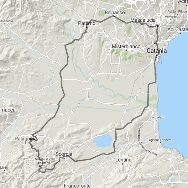 Miniatura della mappa di ispirazione al ciclismo "Giro in bicicletta verso Militello in Val di Catania" nella regione di Sicilia, Italy. Generata da Tarmacs.app, pianificatore di rotte ciclistiche