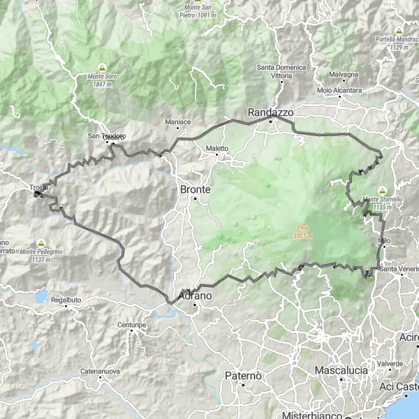 Miniatura della mappa di ispirazione al ciclismo "Giro in bicicletta Monte Muganà" nella regione di Sicilia, Italy. Generata da Tarmacs.app, pianificatore di rotte ciclistiche