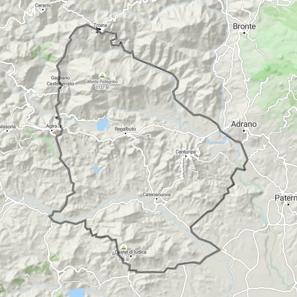 Miniatura della mappa di ispirazione al ciclismo "Giro in bicicletta Ruderi Chiesa Madonna della Catena" nella regione di Sicilia, Italy. Generata da Tarmacs.app, pianificatore di rotte ciclistiche