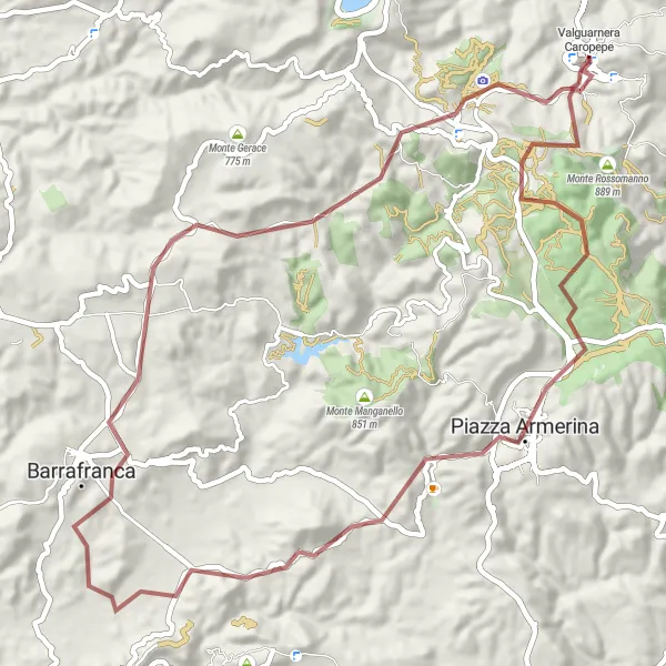 Map miniature of "Valguarnera Caropepe - Rocca Crovacchio Gravel Ride" cycling inspiration in Sicilia, Italy. Generated by Tarmacs.app cycling route planner