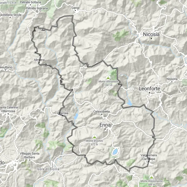 Map miniature of "Exploring Valguarnera Caropepe and its Surrounding Mountains" cycling inspiration in Sicilia, Italy. Generated by Tarmacs.app cycling route planner