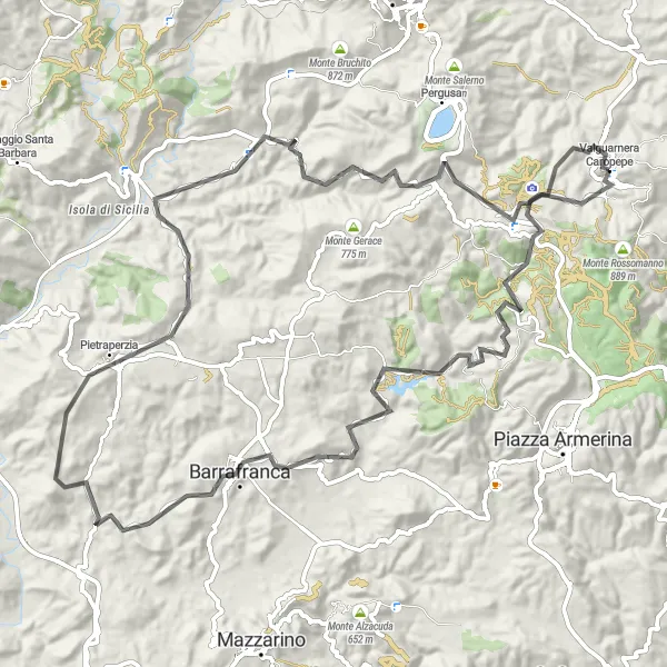 Map miniature of "Valguarnera Caropepe and Monte Cuccarello Adventure" cycling inspiration in Sicilia, Italy. Generated by Tarmacs.app cycling route planner