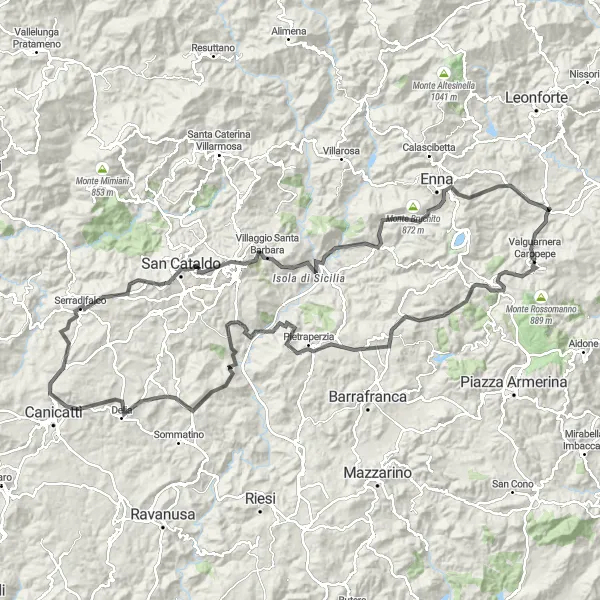 Miniatura della mappa di ispirazione al ciclismo "Avventura ciclistica da Valguarnera Caropepe a Monte Cannarella" nella regione di Sicilia, Italy. Generata da Tarmacs.app, pianificatore di rotte ciclistiche