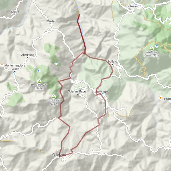 Map miniature of "Ancient Gravel Trails of Valledolmo" cycling inspiration in Sicilia, Italy. Generated by Tarmacs.app cycling route planner