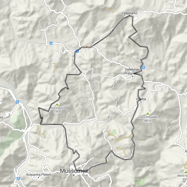 Miniatura della mappa di ispirazione al ciclismo "Giro in bicicletta tra Vallelunga Pratameno e Pizzo Ficuzza" nella regione di Sicilia, Italy. Generata da Tarmacs.app, pianificatore di rotte ciclistiche
