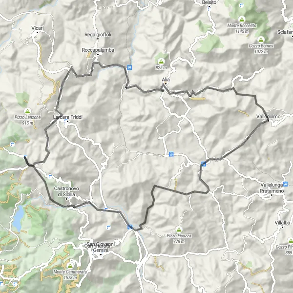 Map miniature of "Mountain Escapade from Valledolmo" cycling inspiration in Sicilia, Italy. Generated by Tarmacs.app cycling route planner