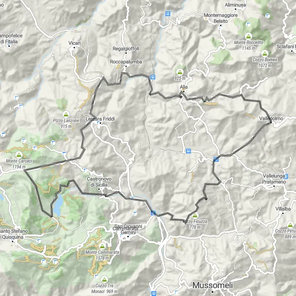 Map miniature of "Mountain Challenge from Valledolmo" cycling inspiration in Sicilia, Italy. Generated by Tarmacs.app cycling route planner