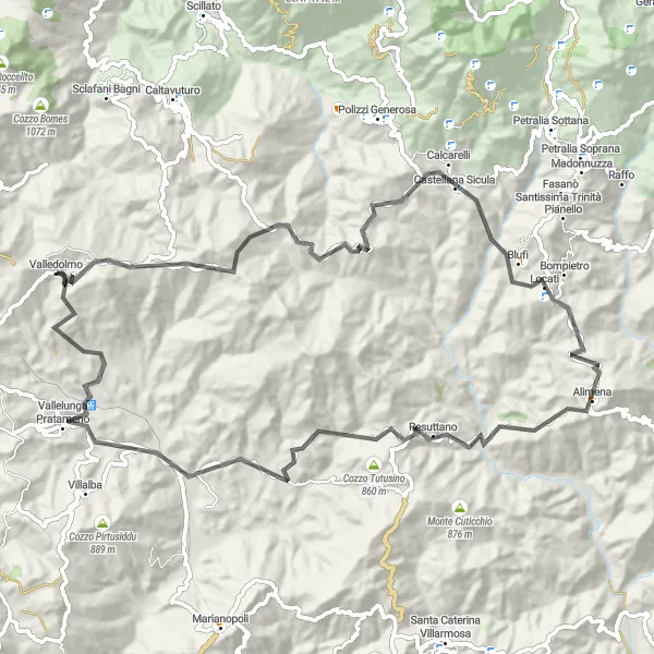 Map miniature of "Valledolmo Hidden Gems" cycling inspiration in Sicilia, Italy. Generated by Tarmacs.app cycling route planner