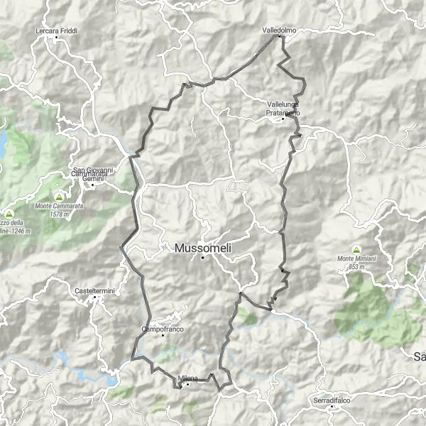 Map miniature of "Valledolmo Countryside Tour" cycling inspiration in Sicilia, Italy. Generated by Tarmacs.app cycling route planner