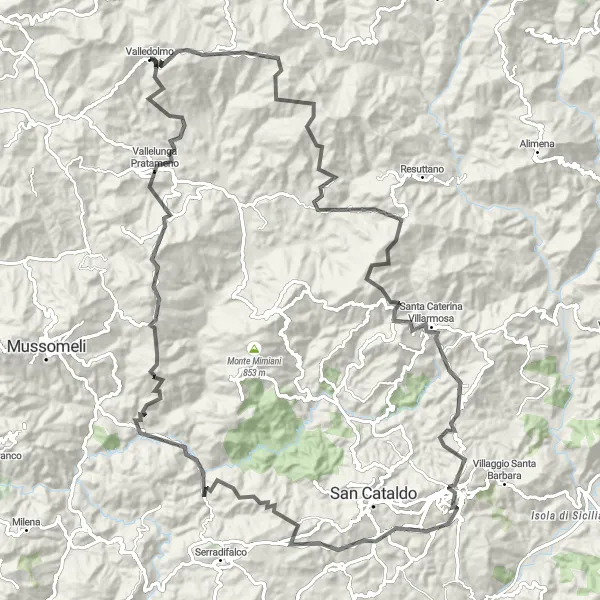 Map miniature of "Valledolmo Mountain Explorer" cycling inspiration in Sicilia, Italy. Generated by Tarmacs.app cycling route planner