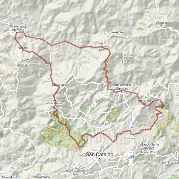 Miniatura della mappa di ispirazione al ciclismo "Giro in Bici su Strade Sterrate Vallelunga Pratameno - Vallelunga Pratameno" nella regione di Sicilia, Italy. Generata da Tarmacs.app, pianificatore di rotte ciclistiche