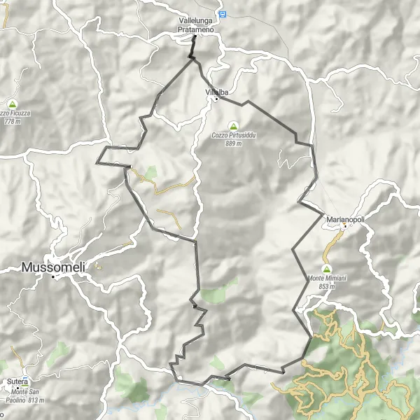 Map miniature of "Mountains and Villages" cycling inspiration in Sicilia, Italy. Generated by Tarmacs.app cycling route planner