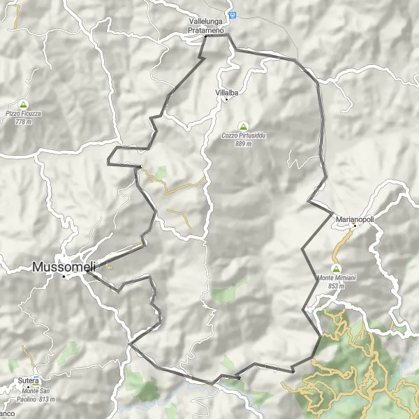 Miniatura della mappa di ispirazione al ciclismo "Giro in bicicletta su strada intorno a Vallelunga Pratameno" nella regione di Sicilia, Italy. Generata da Tarmacs.app, pianificatore di rotte ciclistiche