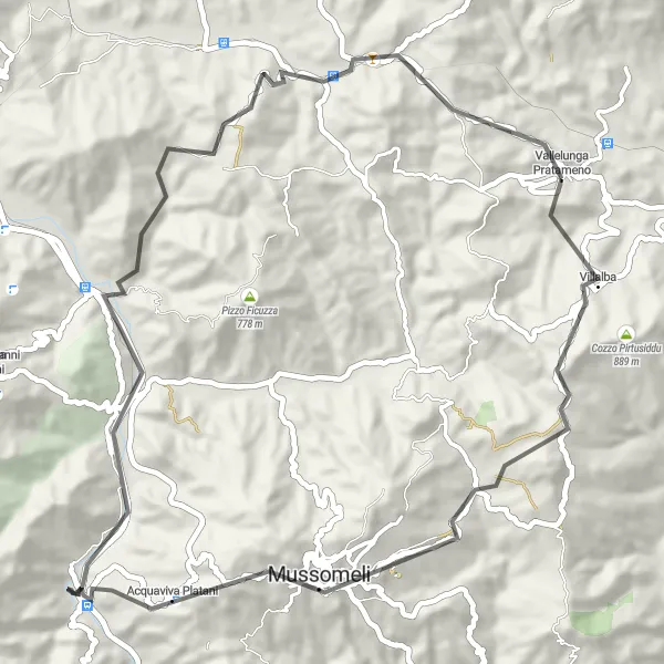 Map miniature of "Vallelunga Pratameno - Pizzo Formaggio" cycling inspiration in Sicilia, Italy. Generated by Tarmacs.app cycling route planner