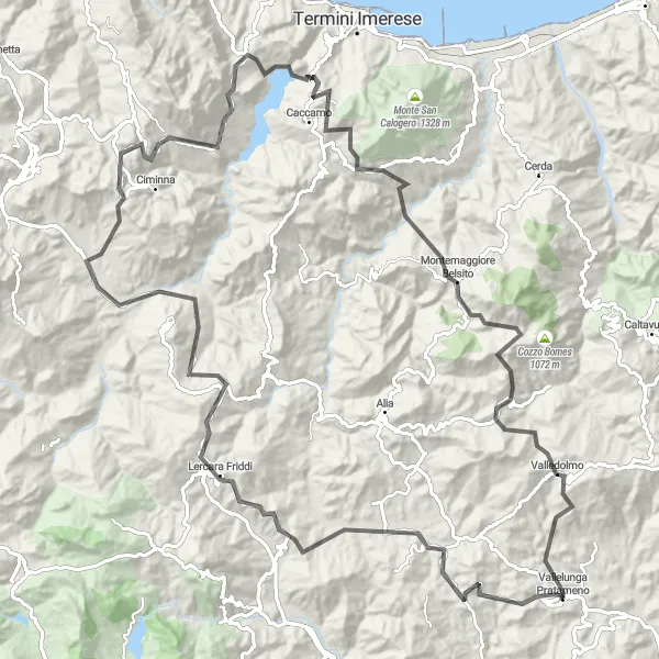 Map miniature of "Vallelunga Pratameno - Montemaggiore Belsito" cycling inspiration in Sicilia, Italy. Generated by Tarmacs.app cycling route planner