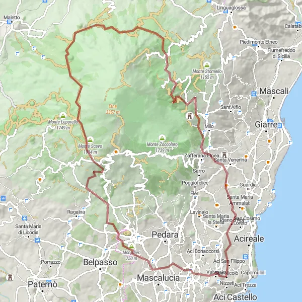 Map miniature of "Gravel Adventure through Valverde" cycling inspiration in Sicilia, Italy. Generated by Tarmacs.app cycling route planner