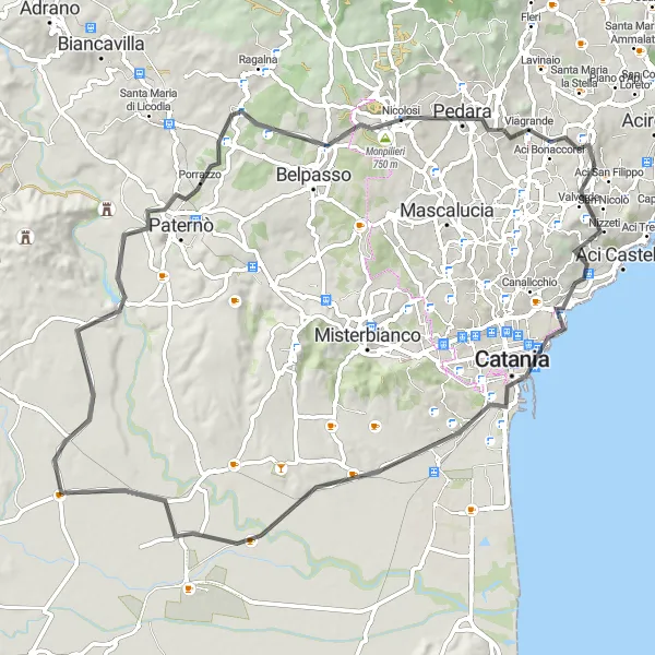 Miniatura della mappa di ispirazione al ciclismo "Giro in bicicletta tra Valverde e Nicolosi" nella regione di Sicilia, Italy. Generata da Tarmacs.app, pianificatore di rotte ciclistiche