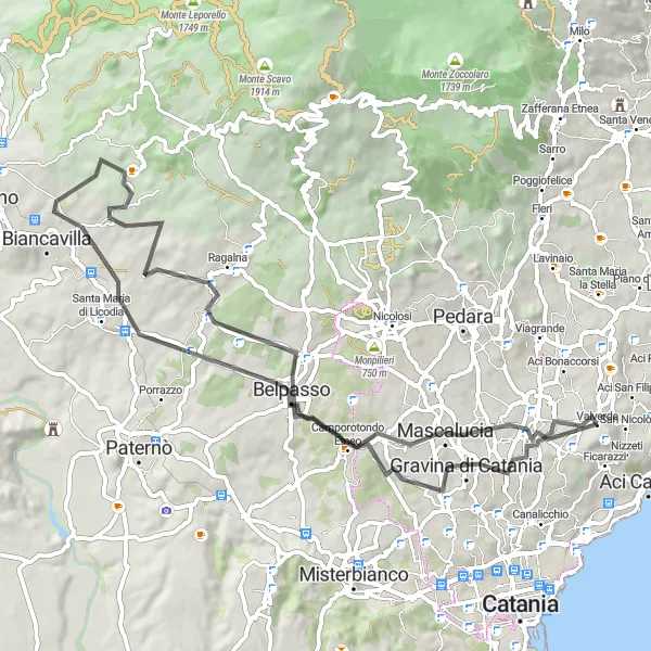 Miniatura della mappa di ispirazione al ciclismo "Avventura in bicicletta da Valverde a Borrello" nella regione di Sicilia, Italy. Generata da Tarmacs.app, pianificatore di rotte ciclistiche