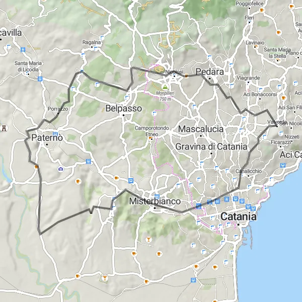 Miniatura della mappa di ispirazione al ciclismo "Tour in bicicletta da Valverde a Aci Bonaccorsi" nella regione di Sicilia, Italy. Generata da Tarmacs.app, pianificatore di rotte ciclistiche