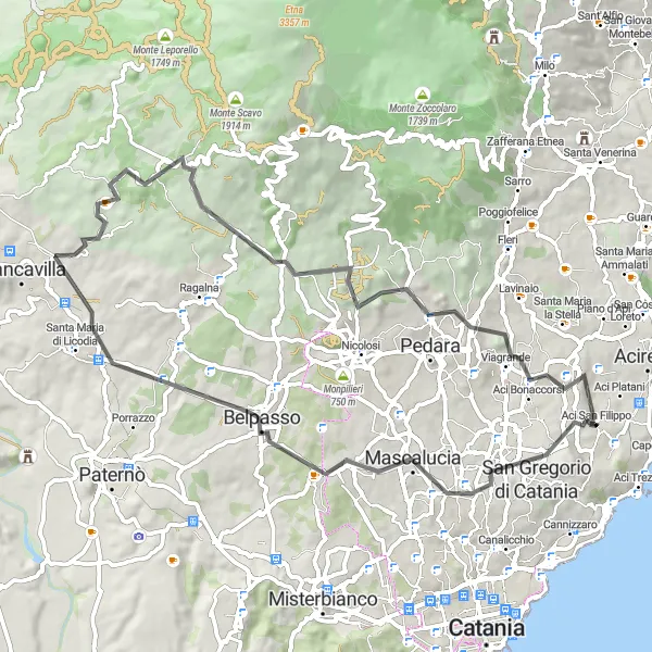 Map miniature of "Valverde Loop with Mountain Challenges" cycling inspiration in Sicilia, Italy. Generated by Tarmacs.app cycling route planner