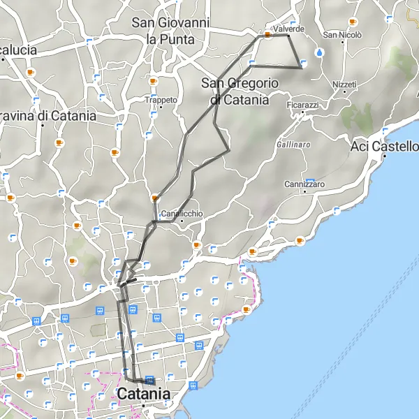 Miniatura della mappa di ispirazione al ciclismo "Breve giro in bicicletta tra Valverde e Monte San Paolillo" nella regione di Sicilia, Italy. Generata da Tarmacs.app, pianificatore di rotte ciclistiche