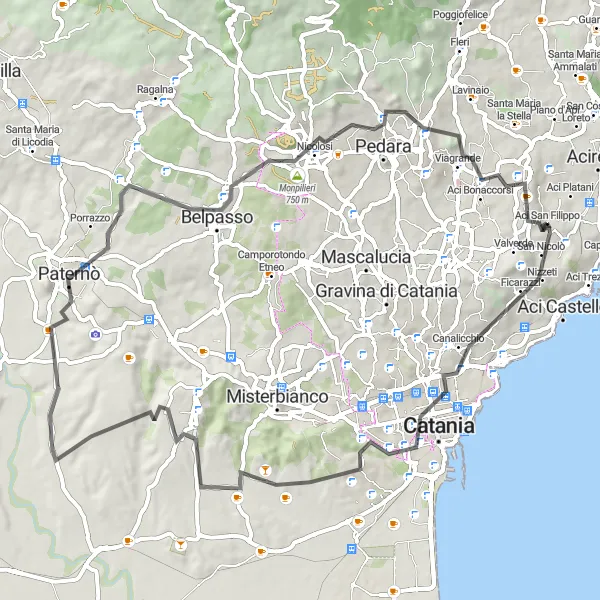 Miniatura della mappa di ispirazione al ciclismo "Giro in bicicletta tra le colline circostanti Valverde" nella regione di Sicilia, Italy. Generata da Tarmacs.app, pianificatore di rotte ciclistiche