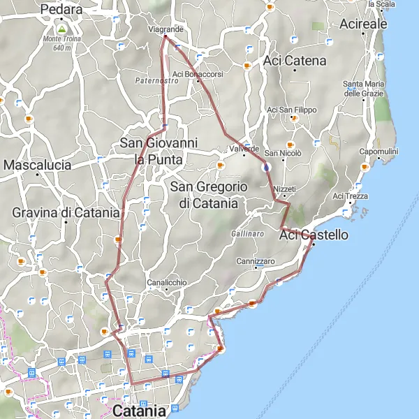 Map miniature of "Aci Bonaccorsi Gravel Loop" cycling inspiration in Sicilia, Italy. Generated by Tarmacs.app cycling route planner