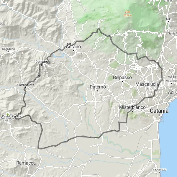 Miniatura della mappa di ispirazione al ciclismo "Viagrande - Monte Serra Road Ride" nella regione di Sicilia, Italy. Generata da Tarmacs.app, pianificatore di rotte ciclistiche