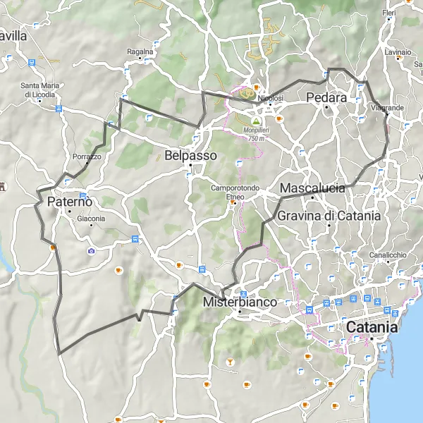 Miniatura della mappa di ispirazione al ciclismo "Viagrande - Monte Serra Road Ride" nella regione di Sicilia, Italy. Generata da Tarmacs.app, pianificatore di rotte ciclistiche