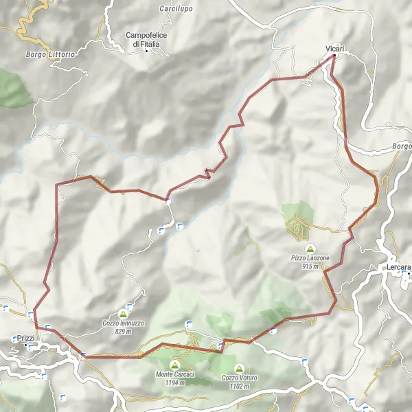 Map miniature of "Vicari Gravel Adventure" cycling inspiration in Sicilia, Italy. Generated by Tarmacs.app cycling route planner