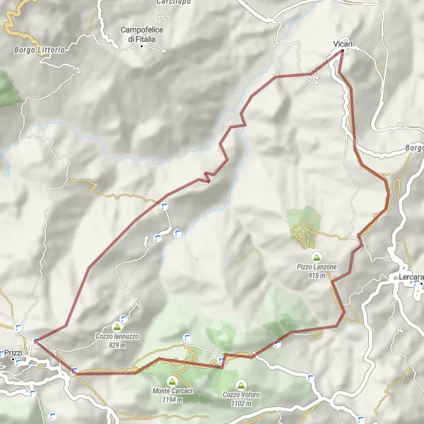 Map miniature of "Giro di Vicari Gravel Route" cycling inspiration in Sicilia, Italy. Generated by Tarmacs.app cycling route planner