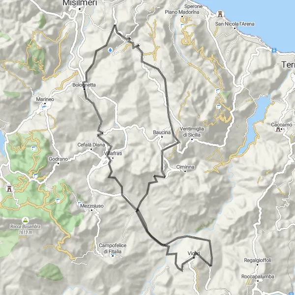 Miniatura della mappa di ispirazione al ciclismo "Percorso in Bicicletta da Villafrati a Castello di Vicari" nella regione di Sicilia, Italy. Generata da Tarmacs.app, pianificatore di rotte ciclistiche