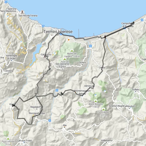 Map miniature of "Sicilian Cycling Odyssey" cycling inspiration in Sicilia, Italy. Generated by Tarmacs.app cycling route planner