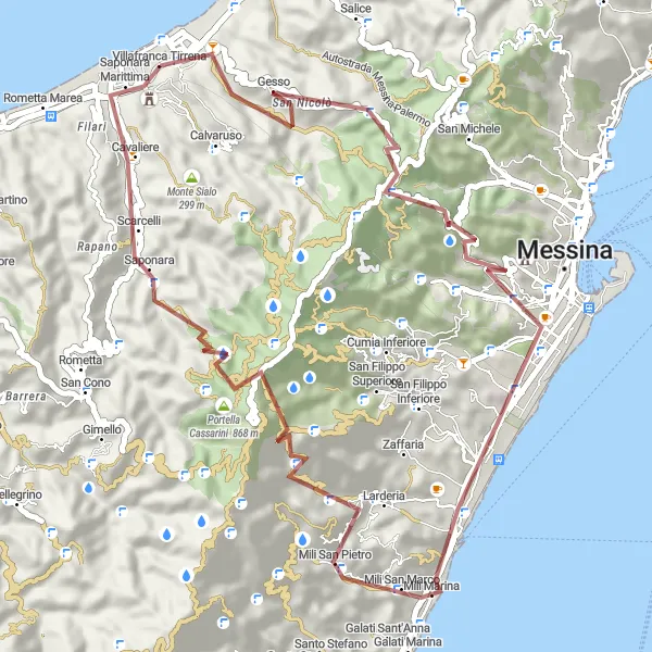 Map miniature of "The Gravel Adventure of Villafranca Tirrena" cycling inspiration in Sicilia, Italy. Generated by Tarmacs.app cycling route planner