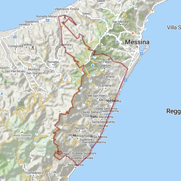 Map miniature of "Gravel Adventure: Villafranca Tirrena to Serro" cycling inspiration in Sicilia, Italy. Generated by Tarmacs.app cycling route planner