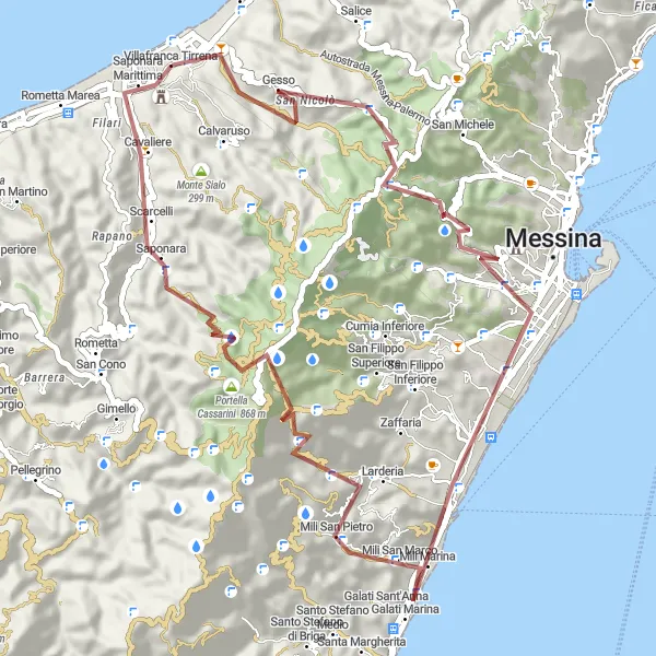 Miniatura della mappa di ispirazione al ciclismo "Pittoresco Gravel di Villafranca Tirrena" nella regione di Sicilia, Italy. Generata da Tarmacs.app, pianificatore di rotte ciclistiche