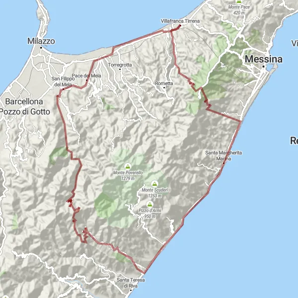 Miniatura della mappa di ispirazione al ciclismo "Avventuroso Gravel di Villafranca Tirrena" nella regione di Sicilia, Italy. Generata da Tarmacs.app, pianificatore di rotte ciclistiche
