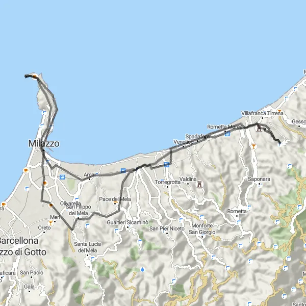 Map miniature of "Cultural Exploration: Villafranca Tirrena to Villafranca Tirrena" cycling inspiration in Sicilia, Italy. Generated by Tarmacs.app cycling route planner